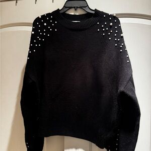 Chic Black Blooming Jelly Sweater with Pearl Detailing